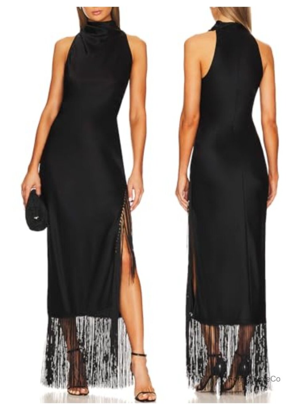 Gatsby Vintage Flapper Maxi Dress Halter Tassel Hem Slit